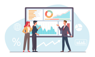 Financial advisor provides market and securities counseling to married couple. Charts and diagrams for presentations. Investment of money. Cartoon flat style isolated vector concept