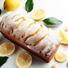 Loaf of gluten free lemon cake with sugar powder, pieces of lemon, green leaves on white background