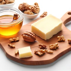 Trendy butter board with honey and walnuts for breakfast on white background