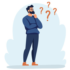 Flat vector illustration. Man standing in a pensive pose. The concept of searching for the solution of the problem . Vector illustration