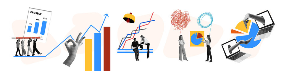 Business people, colleagues working with graphs, analytics and building successful strategies for projects. Contemporary art. Concept of business, office, career, achievements, success. Banner, ad