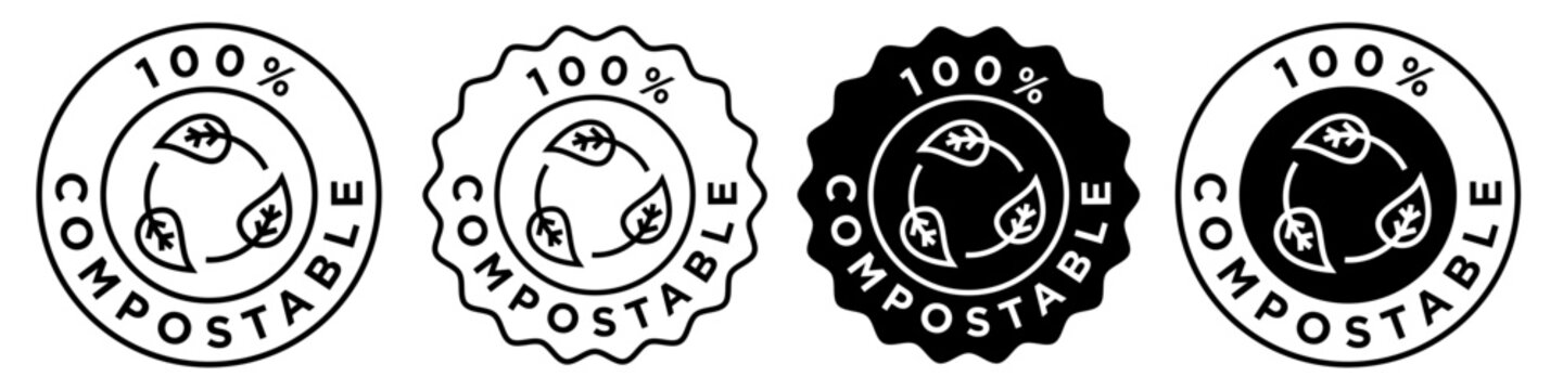 100% compostable icon. Biodegradable sustainable product packaging symbol. Recyclable waste vector. Environment friendly material sign 