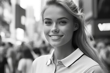 Close-up portrait photography of a glad girl in her 20s wearing a sporty polo shirt at the times square in new york usa. With generative AI technology