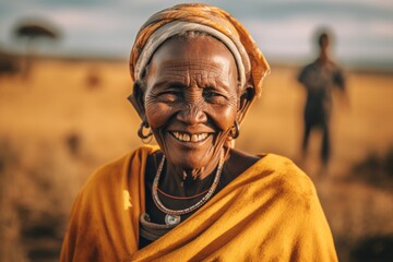 Close-up portrait photography of a happy mature woman wearing a cute crop top at the serengeti national park tanzania. With generative AI technology