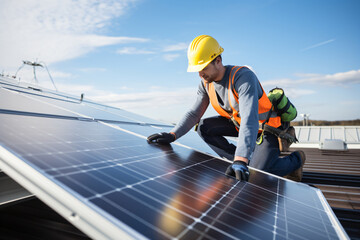 A skilled technician is in the process of meticulously installing a solar cell panel on a rooftop