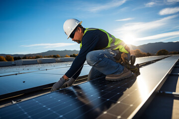 A skilled technician is in the process of meticulously installing a solar cell panel on a rooftop