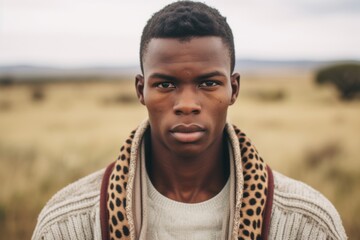 Close-up portrait photography of a content boy in his 20s wearing a chic cardigan at the serengeti national park tanzania. With generative AI technology