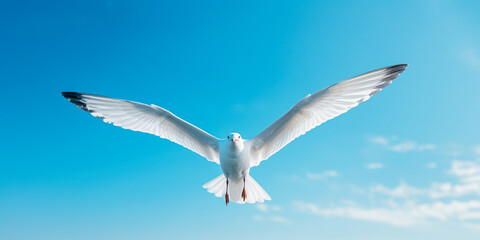 A seagull flies in a clear, cloudless blue sky. A white bird with outstretched wings hovers freely in the sky. Copy space