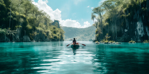 A woman paddling a canoe through the turquoise water