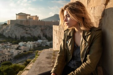 Photography in the style of pensive portraiture of a satisfied girl in her 40s wearing a classic leather jacket at the acropolis in athens greece. With generative AI technology