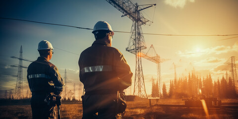 High voltage engineers working on the field, using laptop checking performance of the Electrical Power Pole components
