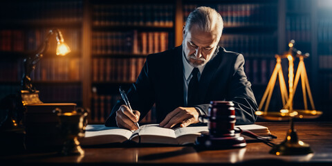 Lawyer holding gavel at desk