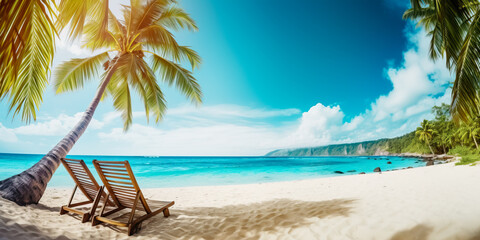 Perfect beach view. Summer holiday and vacation design. Inspirational tropical beach, palm trees and white sand