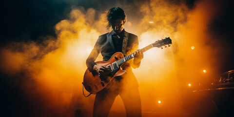 Rock guitarist playing guitar in a live show, lights and smoke