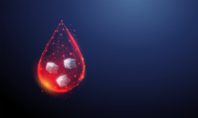 Abstract falling drop of blood with white cubes of sugar. Diabetes symbol type1, 2. - obrazy, fototapety, plakaty