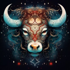 Taurus zodiac sign illustration. Bright art of a Bull's head, esoteric belief. Astrology and horoscopes concept. Taurus, earth zodiac sign depiction with a circular ornament. Vector Illustration. - obrazy, fototapety, plakaty