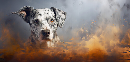 Portrait of a cute Dalmatian dog in front of an interesting design background. Modern dog background or wallpaper, copy space. AI generated. - obrazy, fototapety, plakaty