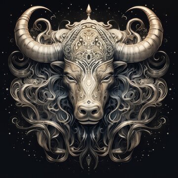 Taurus zodiac sign illustration. Bright art of a Bull's head, esoteric belief. Astrology and horoscopes concept. Taurus, earth zodiac sign depiction with a circular ornament. Vector Illustration.