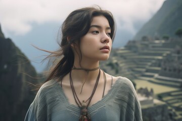 Environmental portrait photography of a tender girl in his 20s wearing a delicate lace choker at the machu picchu in cusco region peru. With generative AI technology - obrazy, fototapety, plakaty