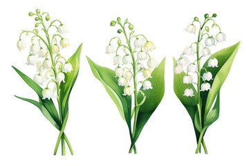 Fototapeta na wymiar Watercolor image of a set of lily-of-the-valley flowers on a white background
