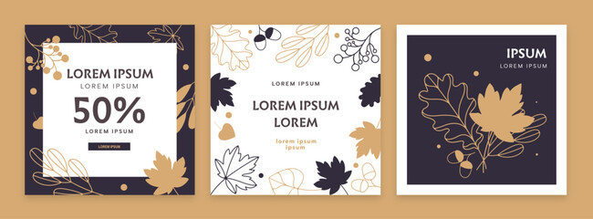 Set of banners, cards with autumn golden leaves in vector. Outline style. Autumn business cards.