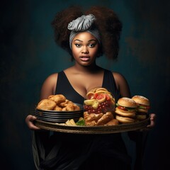 Young beautiful chubby woman holding a tray of junk food