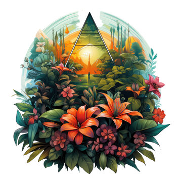 The Triangular Art Piece By Wolfgang Zelmer Is Nestled Among Towering Trees And Exotic Foliage, Generative Ai