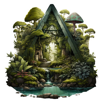 Mystical Forest, The Triangular Art Piece By Wolfgang Zelmer Stands Atop A Moss-Covered Pedestal, Generative Ai