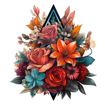 A Geometric Abstract Art Piece By Wolfgang Zelmer Featuring A Vibrant Triangle Composed Of Various Flowers, Generative Ai