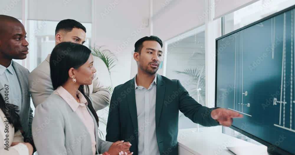 Poster Presentation, renewable energy and teamwork with business people in meeting for planning, engineering and environment. Technology, research and blueprint with employees in office for model workshop