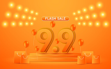 9.9 Shopping Day Flash Sale number 9.9 is on an orange podium. For website or social media promotions and online shopping.	