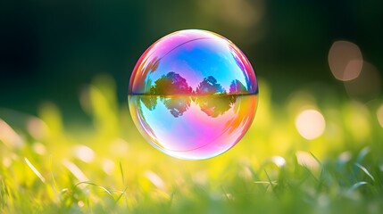 Close up of a colorful Soap Bubble reflecting the natural Environment. Blurred Background