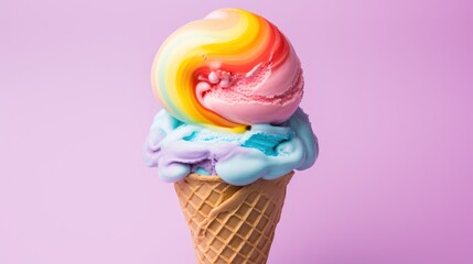Scoop of rainbow ice cream in cone on purple background