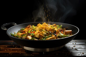 wok with food in motion, like flipping tofu