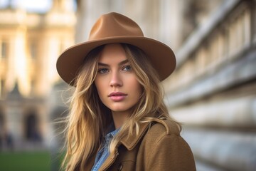 Lifestyle portrait photography of a content girl in her 20s wearing a rugged cowboy hat at the buckingham palace in london england. With generative AI technology