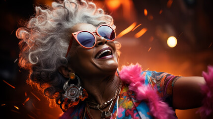 Nice granny dancing Positive energy with sunglasses at the disco. A funny elderly woman Enjoying Party Music. Generative AI