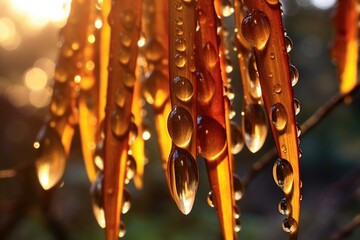 sunlight reflecting on dracaena tree sap droplets
