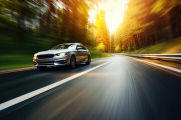 Car is driving on country road with motion blur effect. Modern car is moving at high speed in...
