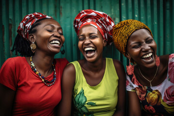 Happy African women in traditional dresses and headscarves. Black women have positive emotions - obrazy, fototapety, plakaty