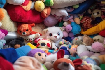 Fototapeta na wymiar pile of colorful plush toys with a ferret peeking out