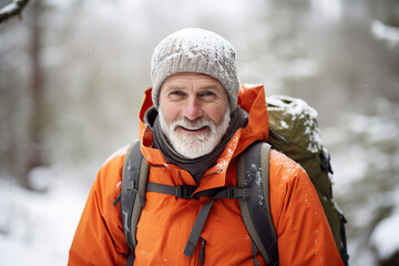 Fototapeta na wymiar portrait of man in his 60s hiking in winter, ai generated