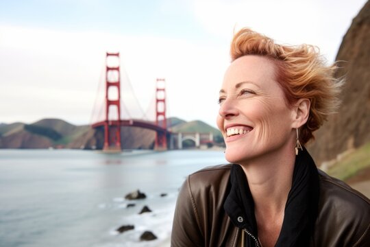 Photography in the style of pensive portraiture of a grinning mature woman wearing an elegant corset at the golden gate bridge in san francisco usa. With generative AI technology