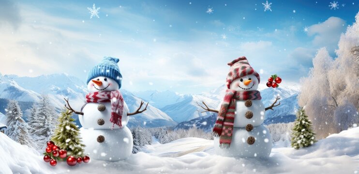 Two snowmen standing side by side in a winter wonderland