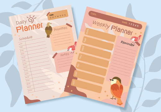 Soft Pastel Cute Bird-Themed Daily and Weekly Planner Template