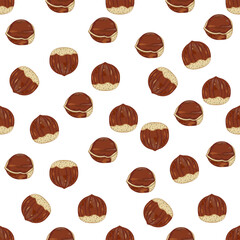 Seamless vector pattern with Chestnut seeds, halved chestnuts, cartoon style cute design Modern bright colors for paper covers. interior fabrics, backgrounds, and other users.