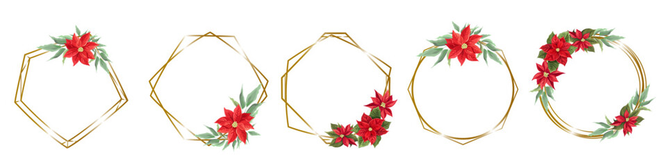 A set of vector frames for Christmas design. Golden frames of different shapes, green leaves, poinsettia flowers . Vector illustration