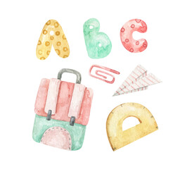 childish clipart with kids things. Baby childish doodles. Set of different school, travel, romantic things. Enjoy life concept