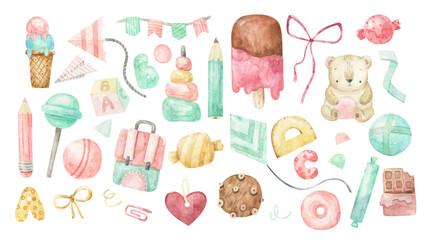 childish clipart with kids things. Baby childish doodles. Set of different school, travel, romantic things. Enjoy life concept