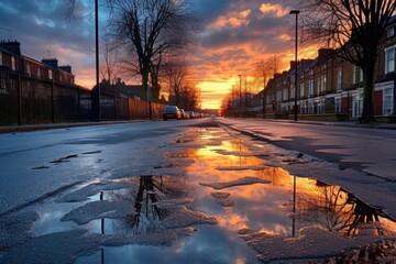 frozen puddle on pavement reflecting winter sky