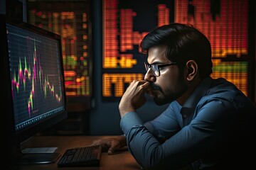 Young male financial analyst in eyeglasses works in front of multiple monitors in the office. Tracking quotes in real time